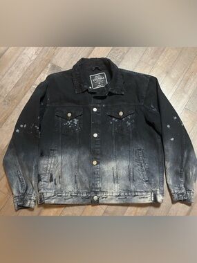 YOUNGLA Men's Denim Distressed Trucker Jacket 632 Black Dye XL LN